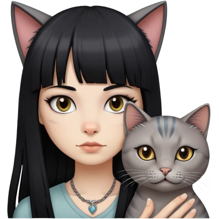 girl with long black  straight bangs hair and tattoos and a grey-shared cat emoji