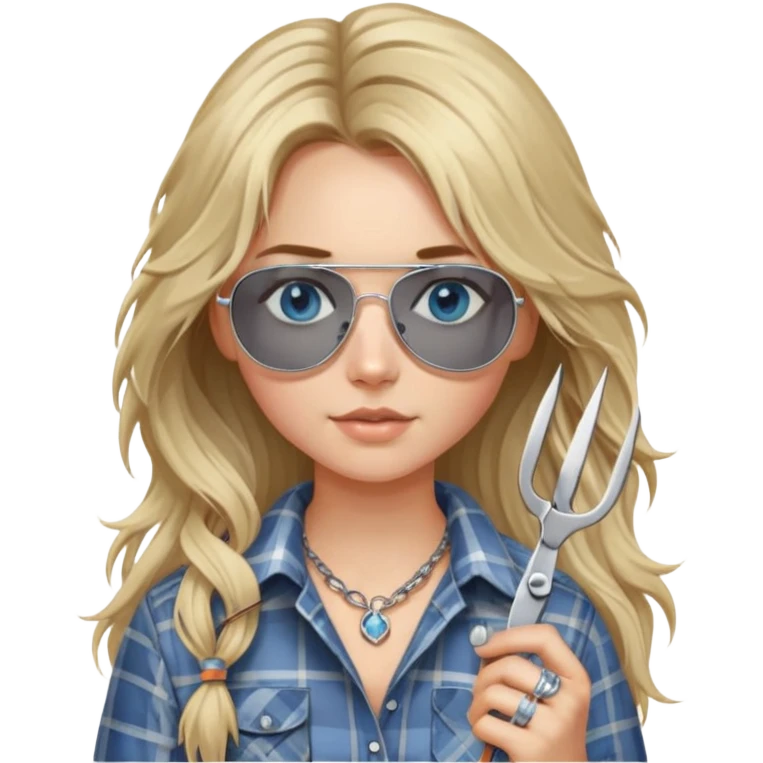 girl with long blond messy hair wearing grey plaid shirt with blue eyes and aviator sunglasses wearing a ring on her silver necklace, holding scissors emoji