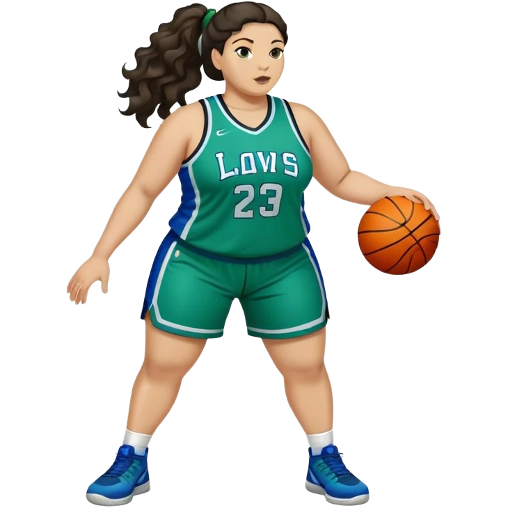 full body plus size light skin latino women basketball player with wavy dark hair in pony tail wide nose wearing blue green  uniform emoji