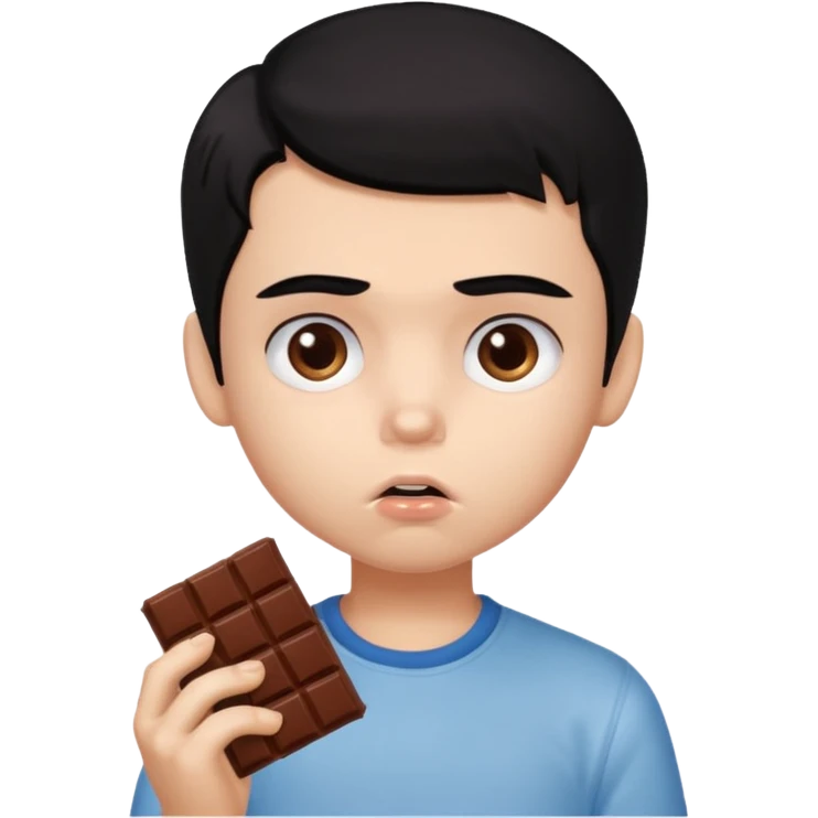 a PRETTY BRATZ boy with black hair eating chocolate and looking sad emoji