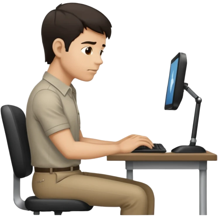  iOS emoji style - Side profile full body of a man sitting at a desk with very poor posture. He has dark hair and wearing a collared-shirt.   emoji