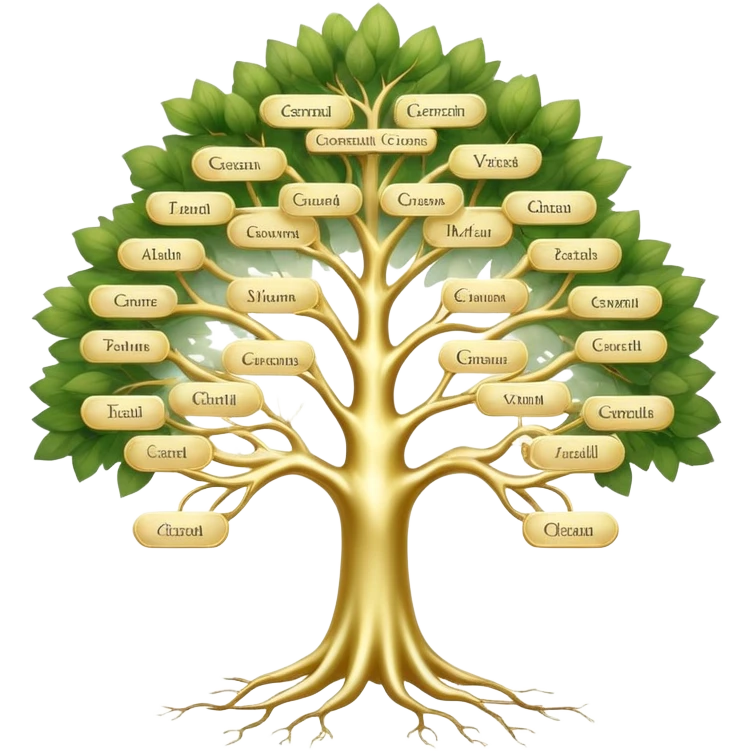 Tree of ancestral connections with ethereal, flowing branches linking generations, dreamy translucent family tree emoji