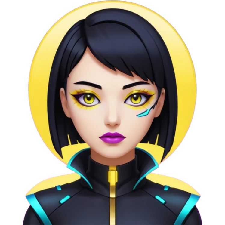 Cyberpunk woman, sleek black bob, gold neck cyberware, sharp eyeliner, neon lighting emoji