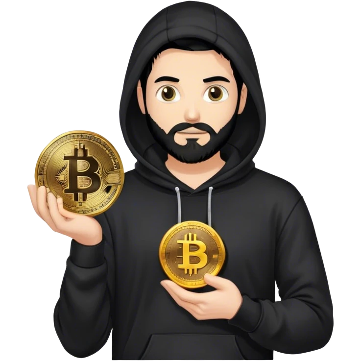 hackeur blanc cheveux noir barbe et capuche noir avec un bitcoin emoji