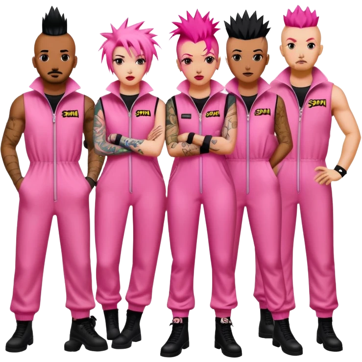 punk artists in pink jumpsuits protesting for spam meat is art emoji