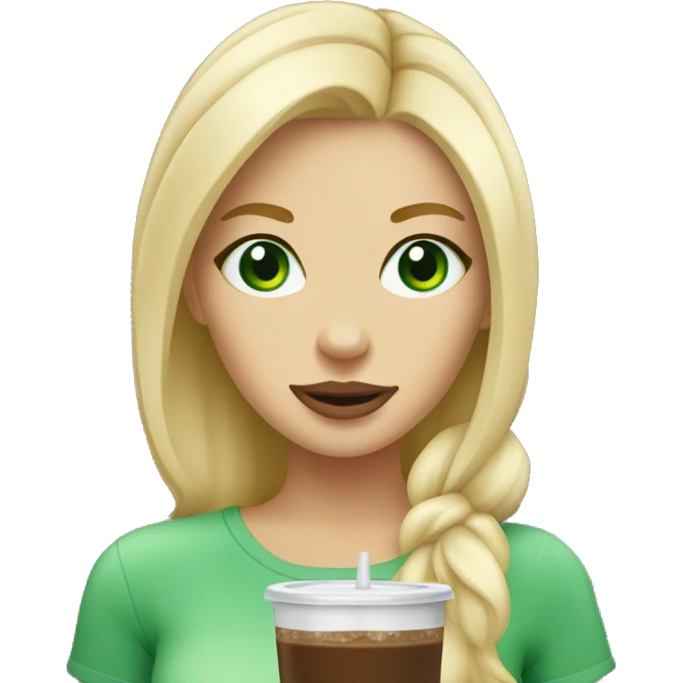 blondie girl with green eyes drinking ice coffee  emoji