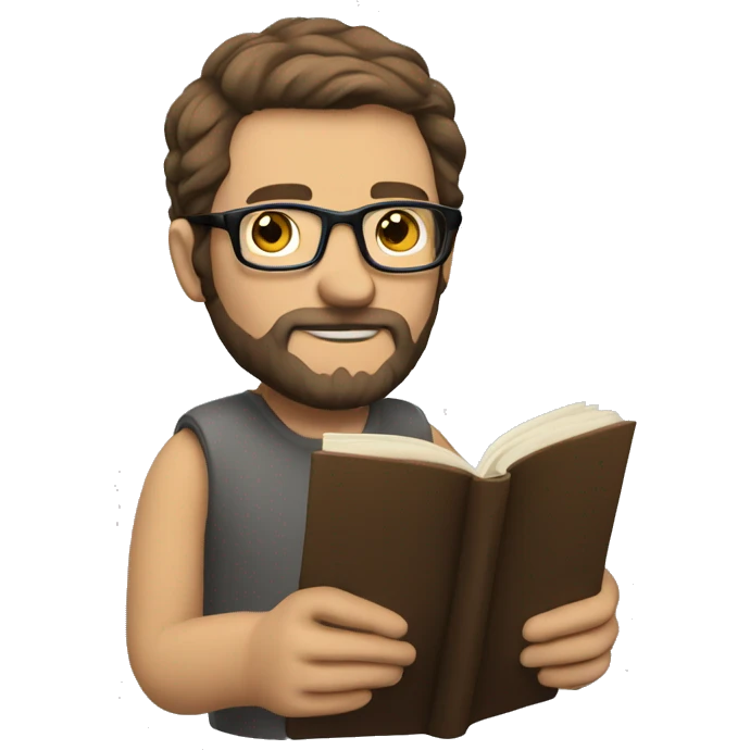 Caucasian man reading book. Brown hair, glasses, and a beard emoji