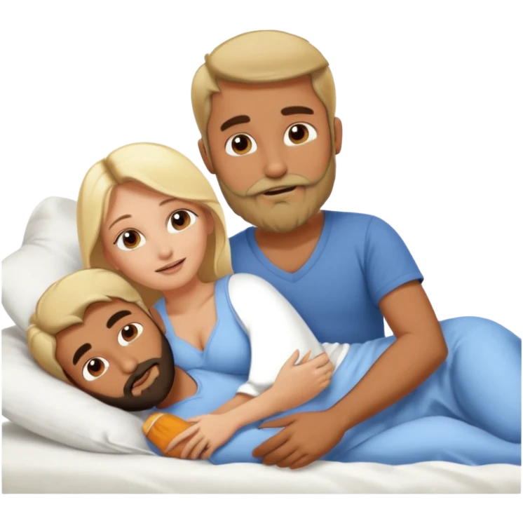 Naked bald Indian man with a beard in bed spooning naked blonde woman emoji