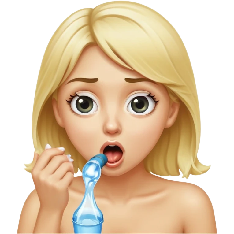 blond woman sitting on her knees with wide eyes, she's holding a thick short stick with a big knob, the stick is made of skin, water squirting from the knob into her mouth, shocked face emoji