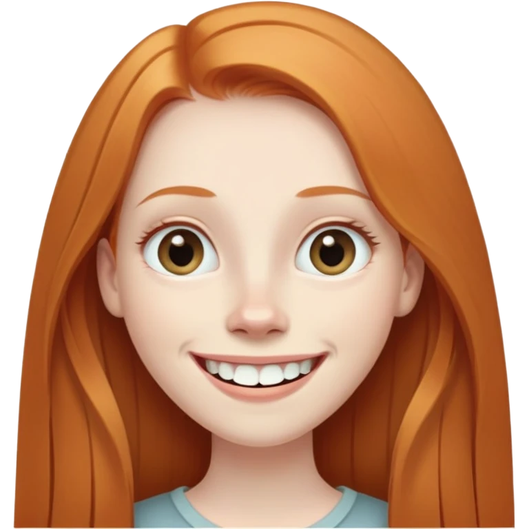 traditional emoji of young girl with very pale skin, long straight muted ginger hair (less vibrant), elongated oval face, bigger human-like eyes positioned close together, wide nose, friendly big smile with very large prominent teeth, less intense expression emoji