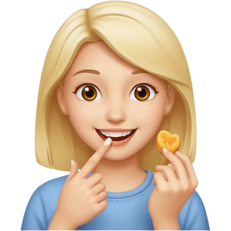 a girl smiling and eating her finger emoji