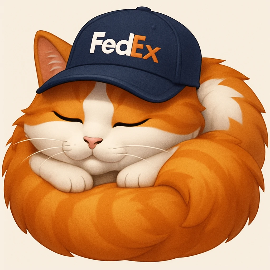 sleeping cat emoji with a FedEx uniform cap emoji