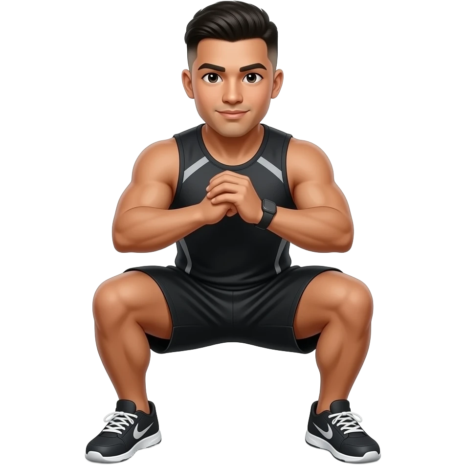 hyper-realistic Latino fitness model with buzz cut fade squatting emoji