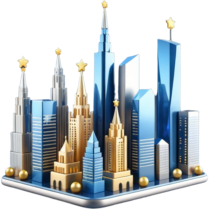 3D emoji of Moscow City business district skyline. A cluster of stylized skyscrapers with different shapes (gold, blue, silver). Decorated with tiny glowing Christmas lights. Soft 3D render, clay and glass textures, Apple aesthetic, isolated on a white background. emoji