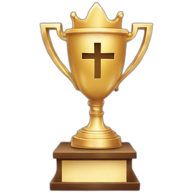 royal big empty Christian trophy for the winner with a cross on royal background  with number 1 emoji