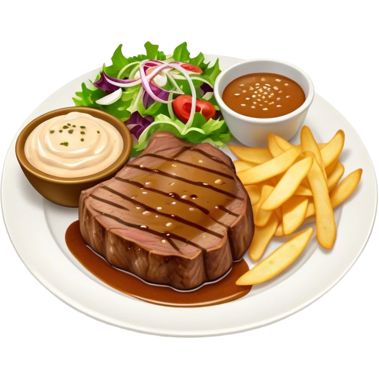 big juicy australian steak meal featuring chips, small salad in a ramikan and gravy in a small bowl on the plate emoji
