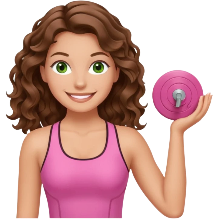 White, green-eyed, brunette cute feminine lady emoji with wavy hair doing pilates wearing pink pilates fit emoji