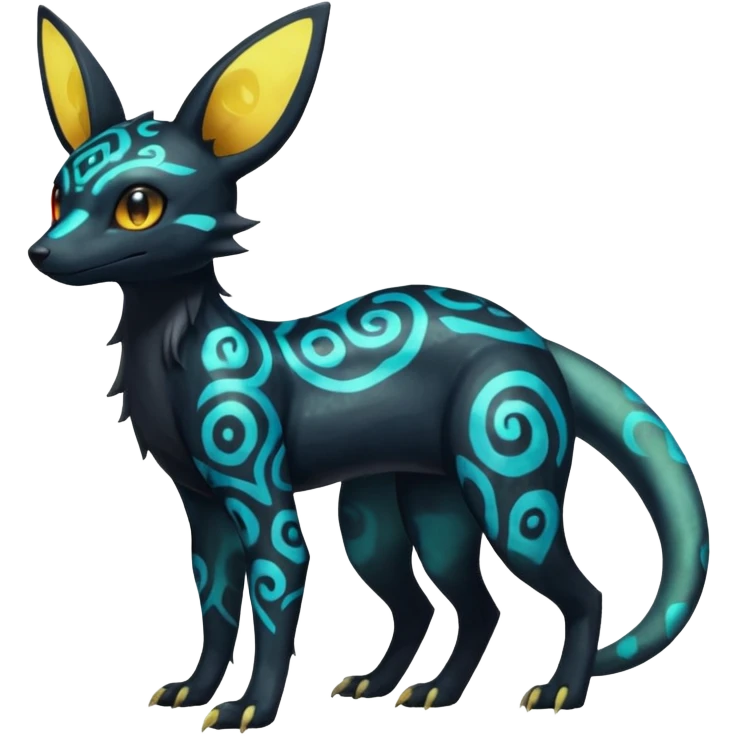 Rare epic aesthetic iridescent spooky gloomy colorful Salandit-Umbreon-Eevee-Genet-species-Fakemon-hybrid-creature, with markings, full body emoji