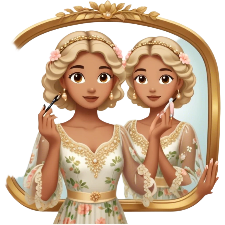  Middle Eastern-inspired moment of a woman getting ready in front of a mirror. She wears a delicate floral dress with sheer, flowy sleeves, accessorized with gold jewelry and traditional pearl-adorned hair clips. Her  as she applies mascara, her reflection revealing a soft smile.  emoji