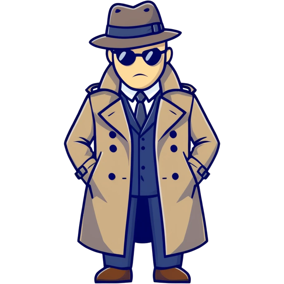 cartoonish spy Штирлиц in a trench coat and hat, looking serious emoji