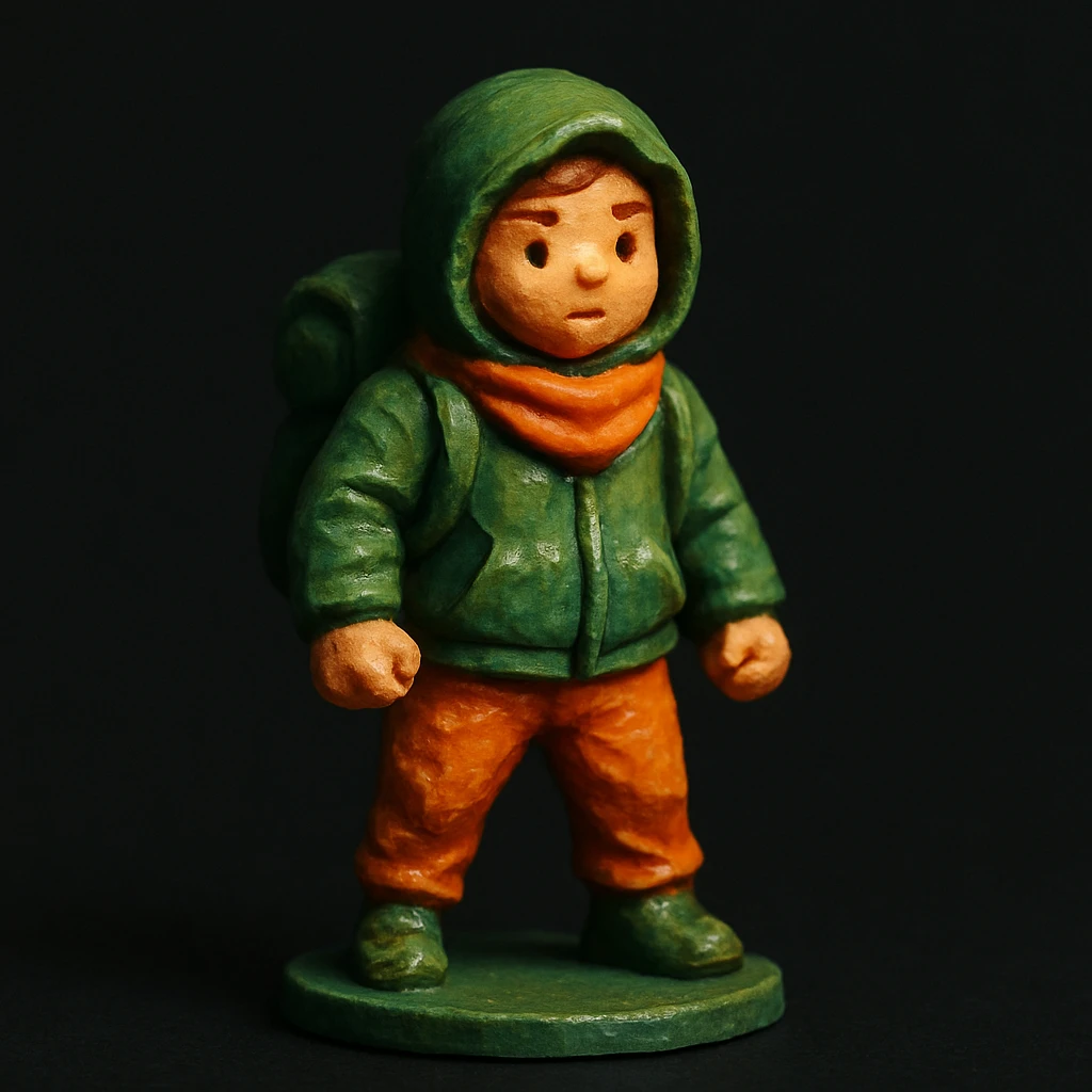 miniature of a person, green and orange colors, black background, digital style emoji