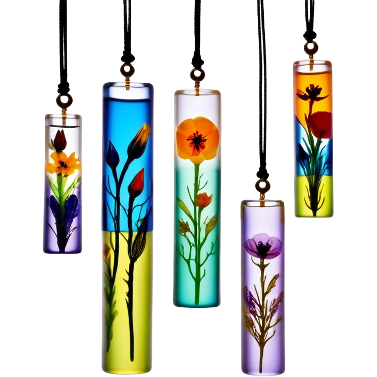 Create an icon that represents decorative arts using epoxy resin in tubes. The design should feature colorful tubes of resin, including fluorescent resin tubes, with visible drops or strokes of resin being applied to create intricate designs. Include finished resin jewelry pieces, such as pendants or rings, containing preserved flowers and insects encased in clear resin. The composition should feel vibrant, artistic, and delicate, showcasing the unique beauty of resin art with natural elements. The background should be transparent emoji