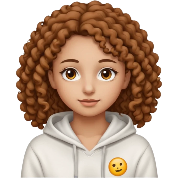 Una ragazza con una felpa semplice bianca,ha gli occhi marroni,i capelli marroni  , c’è gli ha lunghi e ricci molto ricci  ma non troppo e ha le ciglia stile emoji apple emoji
