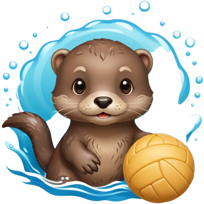 super cute baby otter floating on clearly visible blue water with waves, tiny baby otter with big eyes holding a volleyball with both small paws above water emoji