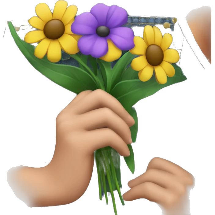 Girls hand holding purple flower bunch at her side grass in background and you can see some of her denim dress emoji