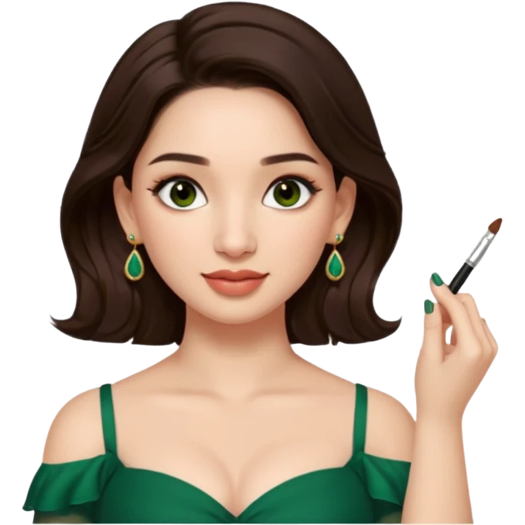 pretty bratz genmoji that looks like tamannah bhatia (bollywood actress), wearing a dark green sweetheart neckline top, dark brown hair, light makeup, no necklace, dangly earrings, side hair part, fair. dark brown eyes


Show her applying something on her face with a finger emoji