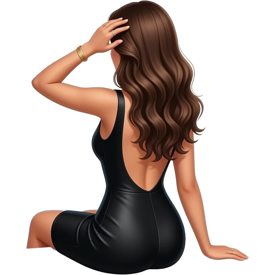 Back view of a woman sitting in a modern outdoor setting, wearing a form-fitting black open-back dress with a deep scoop back, elegant and minimal design, long voluminous wavy brown hair cascading down her back, one hand touching her hair, gold bracelet and ring, warm tan skin emoji