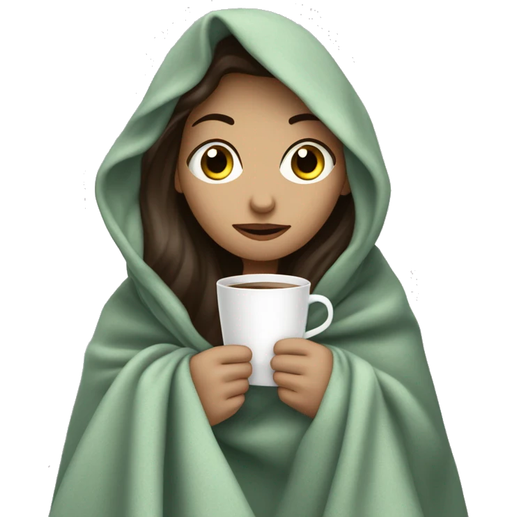 girl inside a blanket sipping coffee eyes grey-green, brunette, white skin ￼ emoji