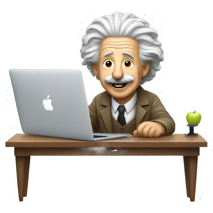 albert einstein happy sitting in the chair with apple macbook emoji