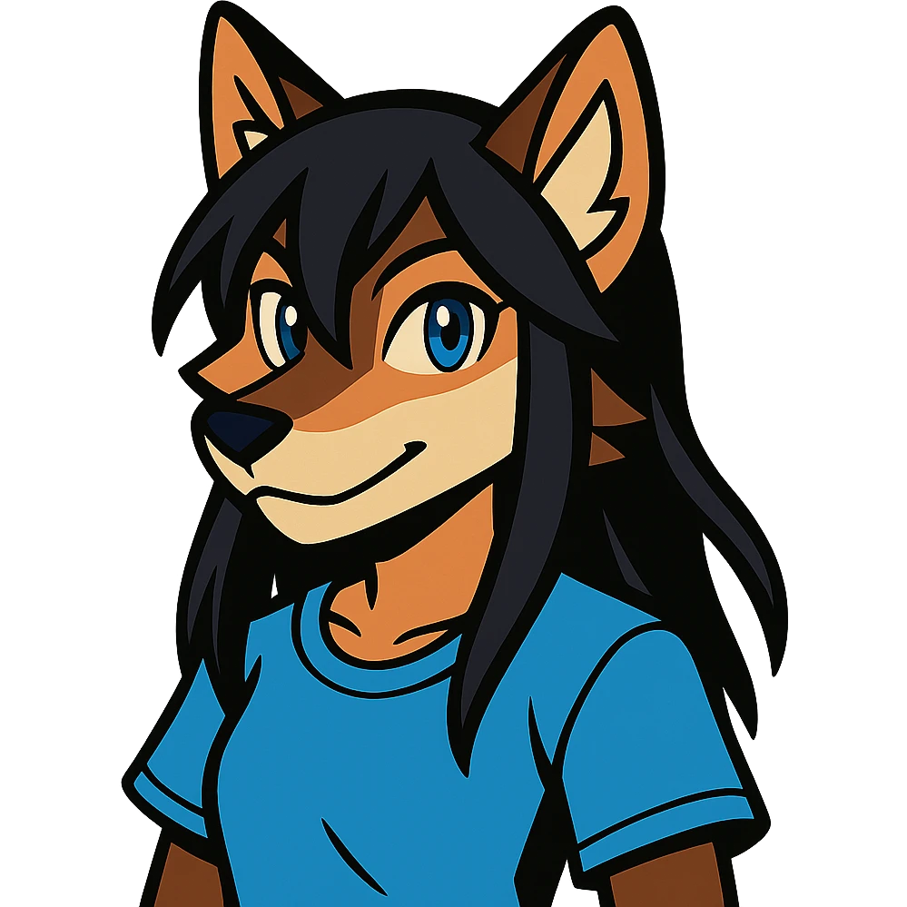 anime style wolf furry character with blue eyes, long black hair, wearing a light blue shirt emoji