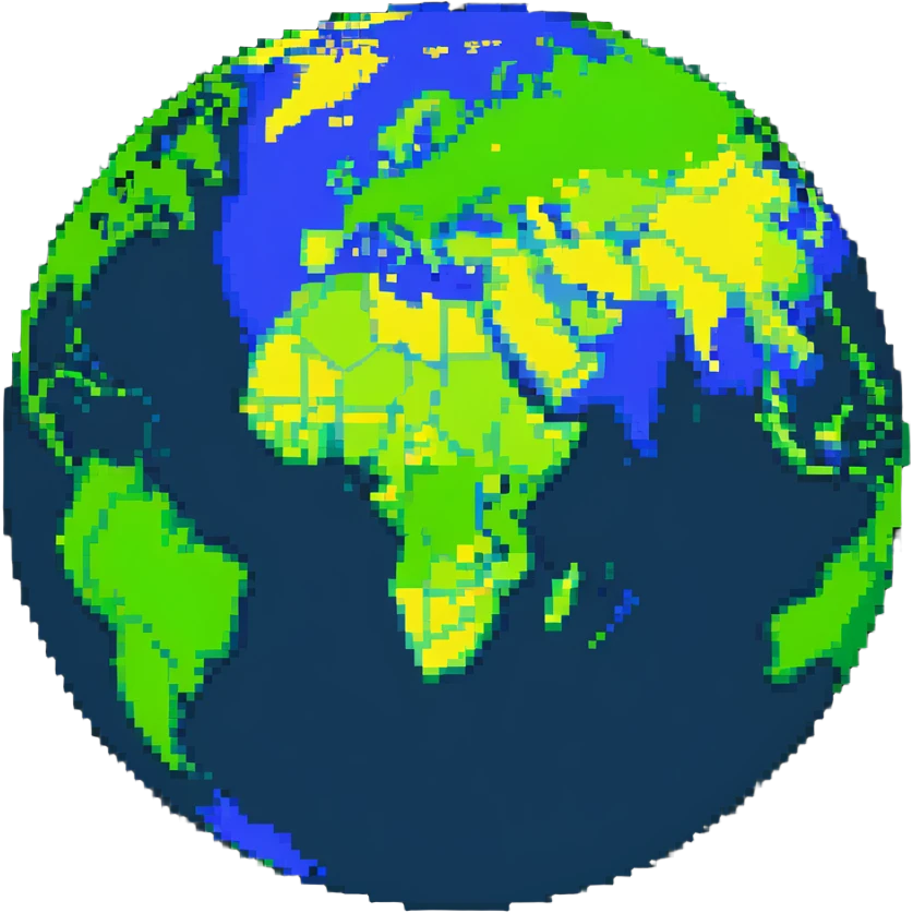 A pixelated world globe showing blue oceans and green continents emoji