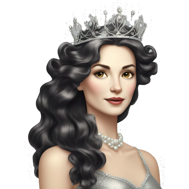 Regal pretty slender middle age woman photograph defined cheekbones high cheekbones crown vintage with very long iridescent black and silver hair wavy long hair pearl crown iridescent emoji