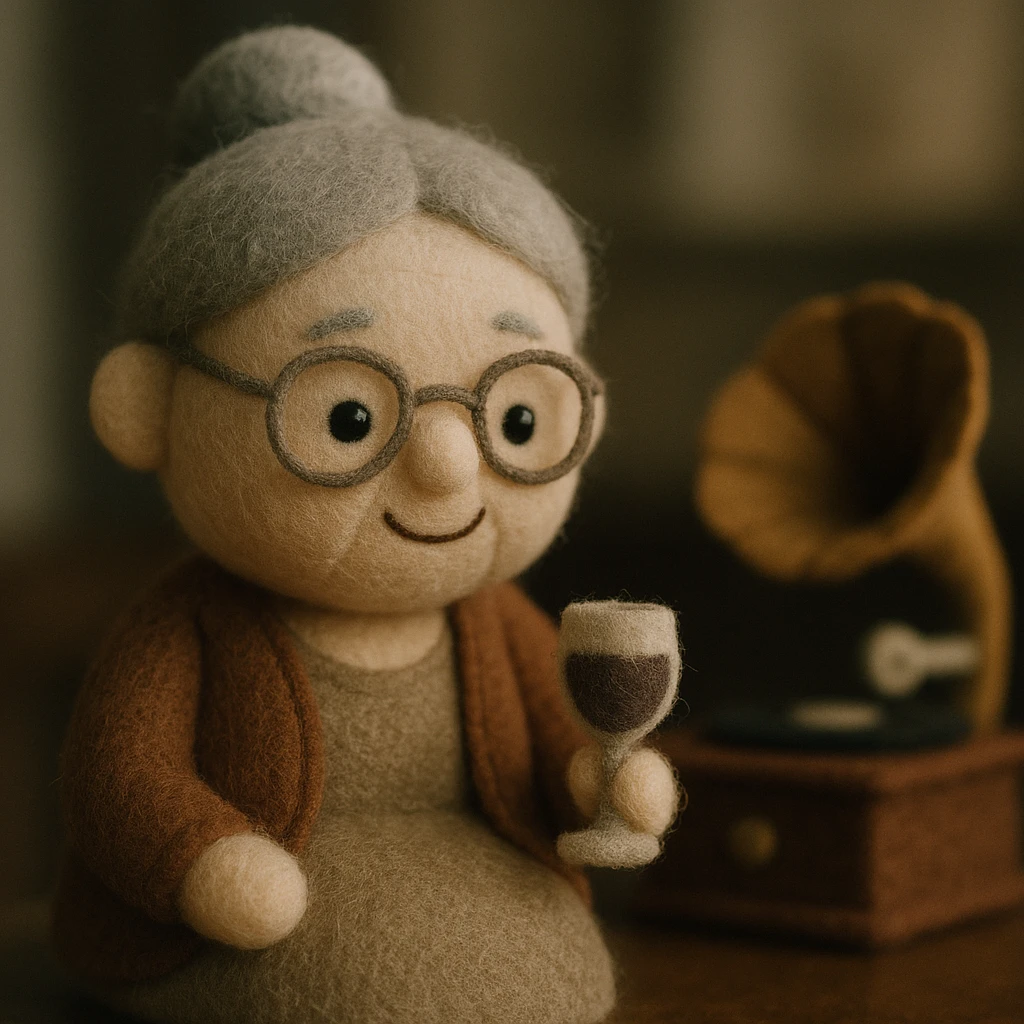 old lady with wineglass listening to gramophone emoji