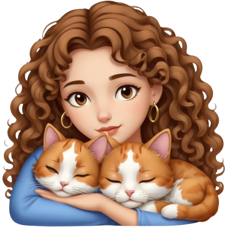 cute balayage curly/wavy haired girl, hoop earrings, brown eyes, clean girl makeup sleeping beauty with her calico cat sleeping emoji