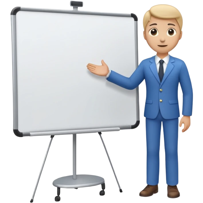 A clean emoji-style illustration of a person giving a presentation, standing next to a large presentation board on a stand, board empty and white, no podium, no desk, no table, friendly proportions, soft 3D emoji style emoji