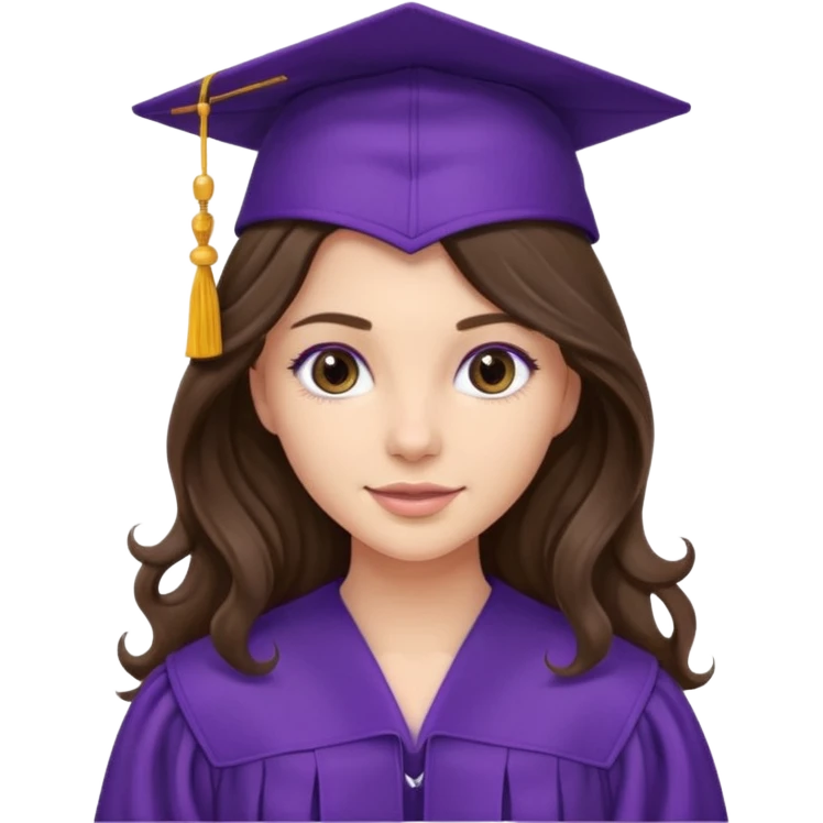 pretty brunette with long wavy hair wearing a purple graduation cap and gown emoji