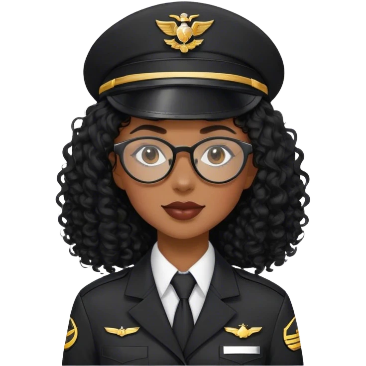 femme pilote d'avion en uniforme noir aux cheveux bouclés noir et petites lunettes arrondis identique avec des cheveux très long et la peau noir mais légèrement plus claire  emoji