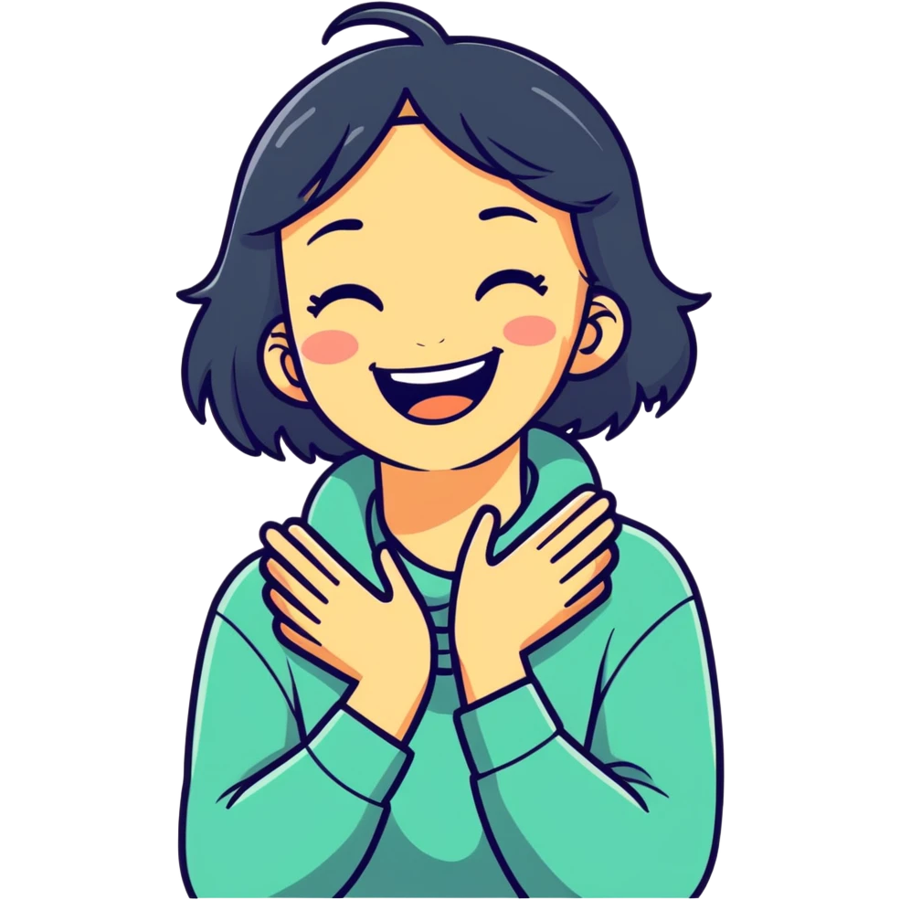 Girl hands crossed around neck laughing emoji