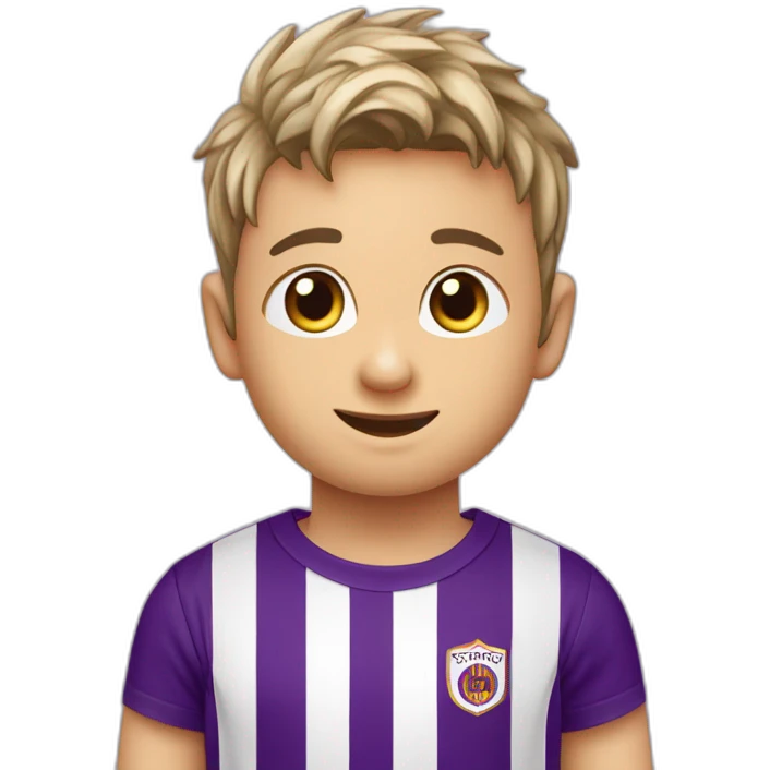 Niño pelo rubio futbolista camiseta rayas verticales moradas emoji