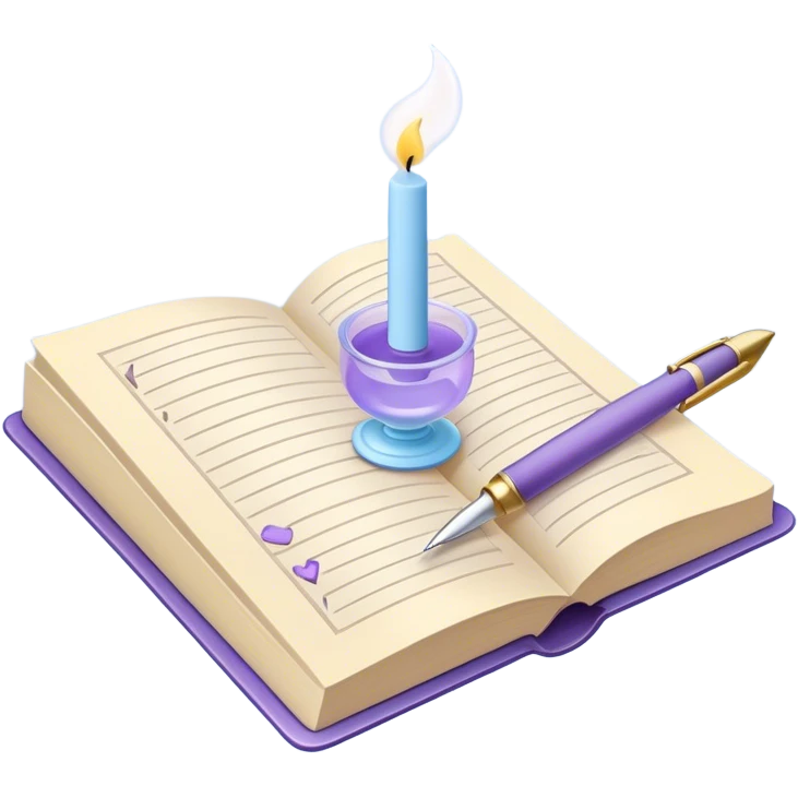 Create a whimsical and poetic emoji symbolizing poetry. The design should have several elegant pages floating smoothly in the air with short poetic columns written on them. Add a white pen resting gracefully on the pages and an inkwell. The overall color palette should include soft pastel tones such as light blue, purple and cream, which will add airiness and dreaminess to the design. Make the background transparent emoji