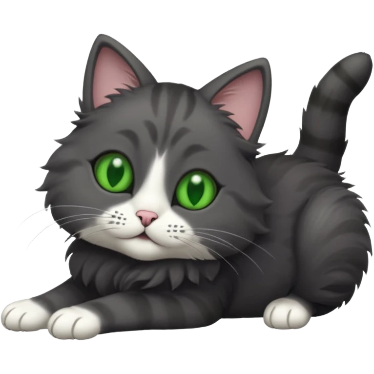 solid dark grey cat with green eyes, white toes/paws playfully rolling upside down emoji