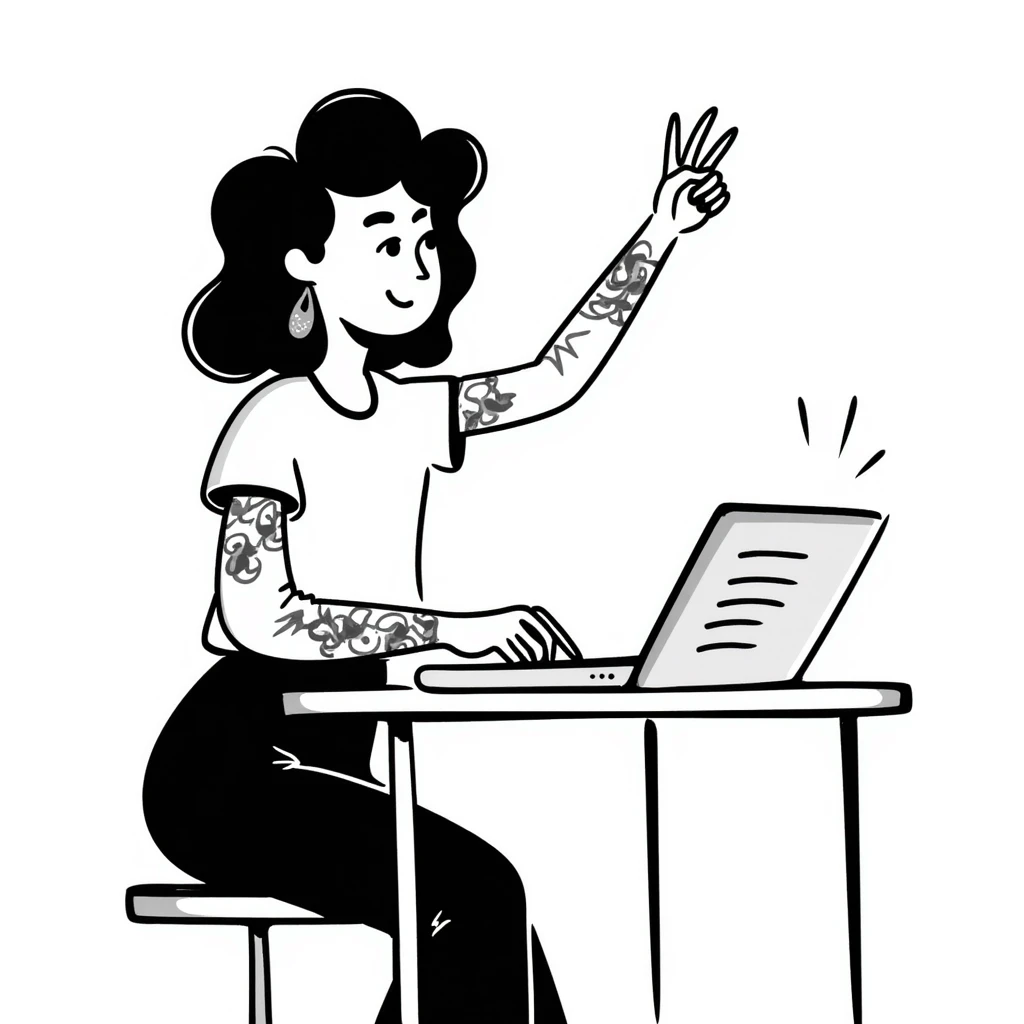 Cool female rockstar musician with arm tattoos and alternative hairstyle, sitting at desk with laptop, raising hand in class, smiling confidently emoji