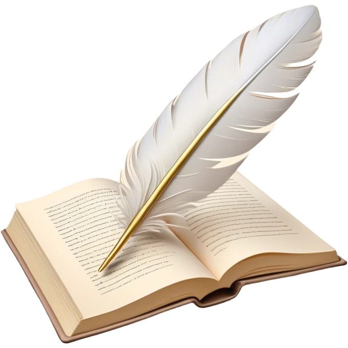 Create a delicate and elegant emoji representing poetry. The design should feature several gracefully flying pages with short poetic lines written on them. A white feather quill should be gently resting on one of the pages or floating nearby, symbolizing creativity and inspiration. The pages should look soft and flowing, evoking the fluid nature of poetry. Use a subtle color palette with white, light pastels, and a touch of gold for accents. Make the background transparent. emoji
