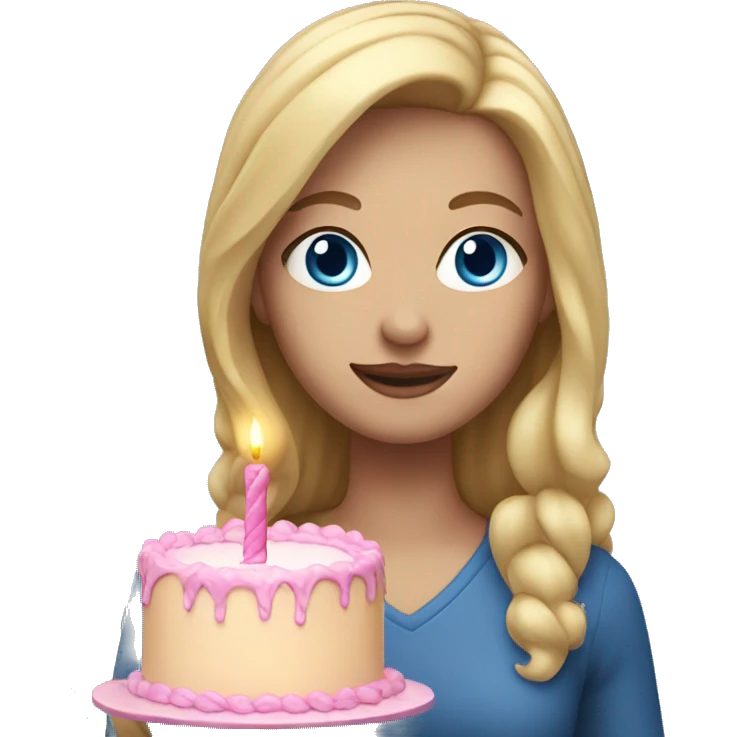 Woman with long blonde hair and blue eyes holding a pink birthday cake  emoji