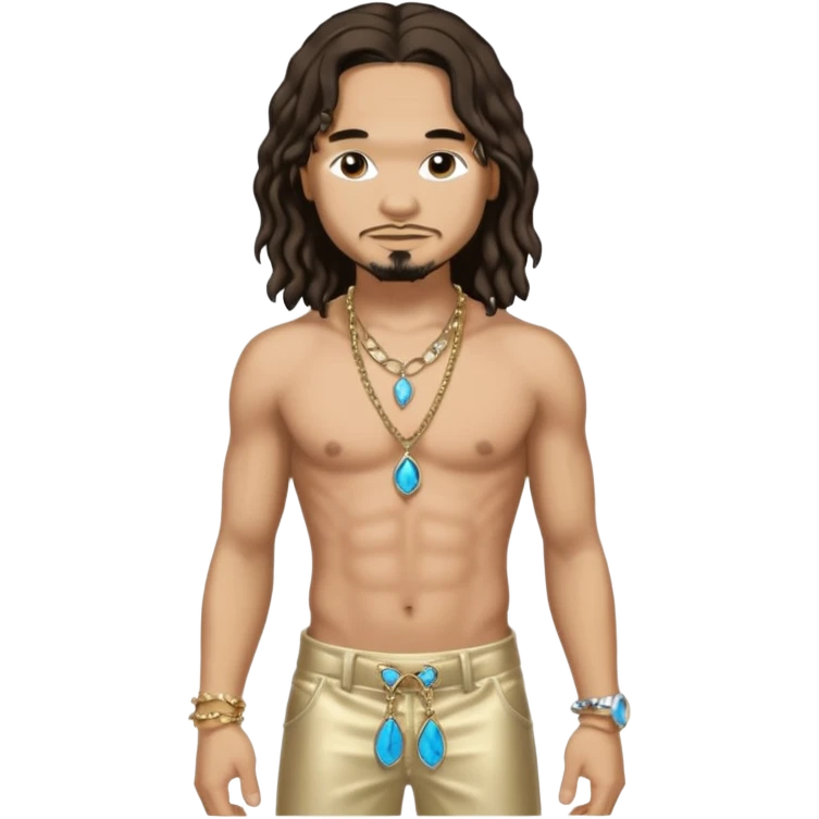 Bizzy Bone with long dark brown hair, light tan skin, shirtless with necklace, metallic cream pants emoji