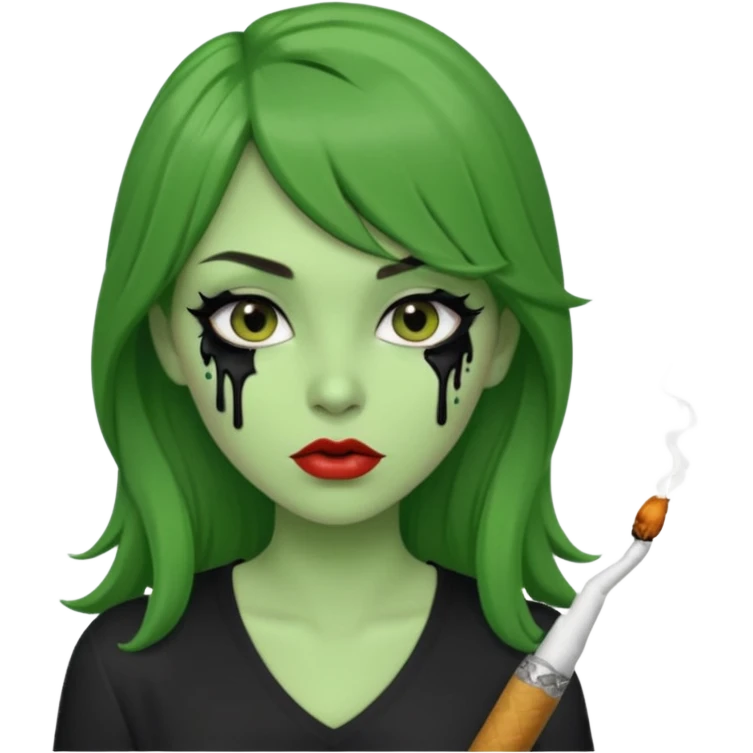 {
  "prompt": "3D cartoon-style green-skinned girl with long brown hair and a side-swept bang. Large brown eyes with black dripping makeup, white V-neck shirt, cigarette in her mouth, dark background. Same proportions and style as the original description.",
  "size": "1024x1024"
} emoji